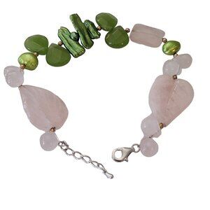Rose Quartz Green Baroque Pearl Bracelet 8.5" Long E832